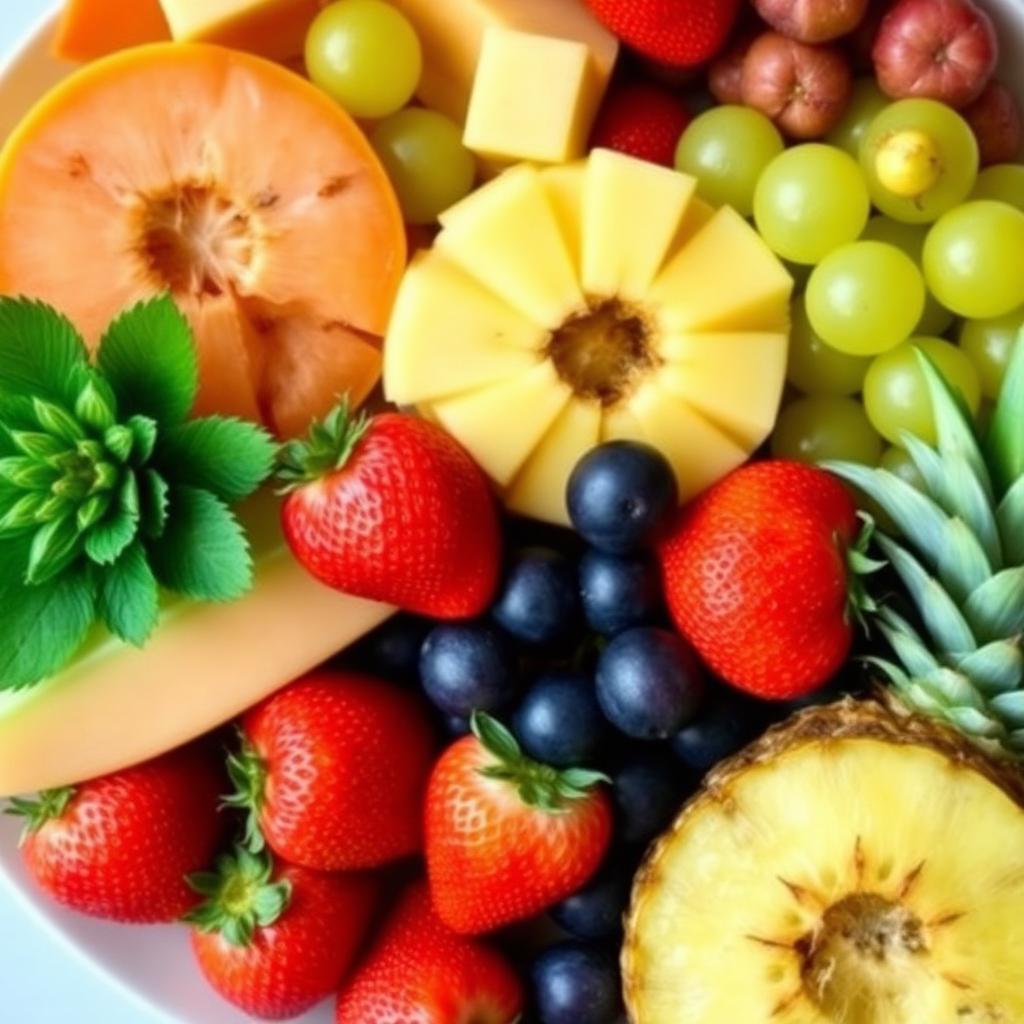 Seasonal platter of fresh colourful fruit on a bright table