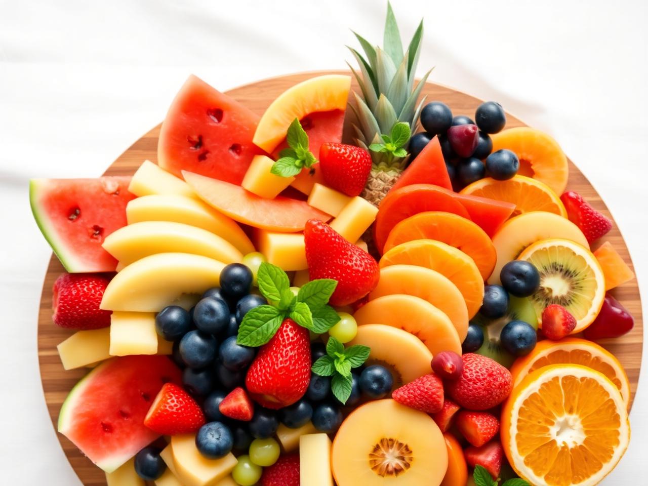 Seasonal platter of fresh fruit and colourful produce on a cream table